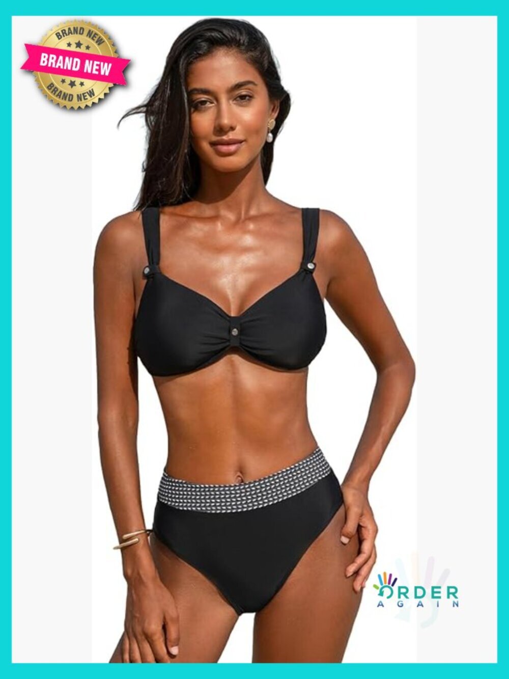 High Waisted V Neck Two Piece Bikini Set Adjustable Straps Back Hook